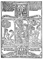 This page shows the correspondence between Old and New Testaments: Eve and the serpent, the annunciation, and Gideon's miracle.